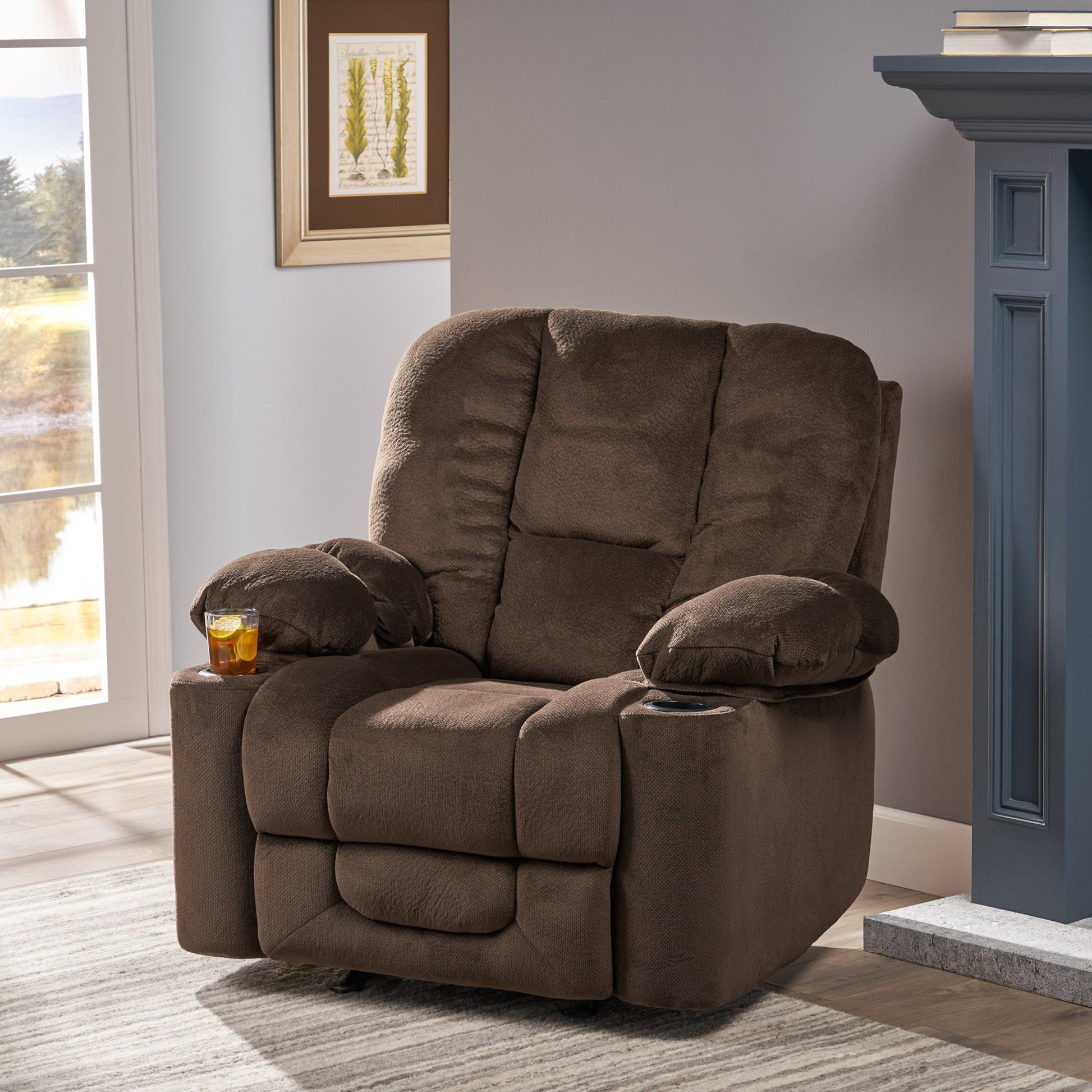 Luxurious Manual Recliner Chair In Chocolate With Skin Friendly Fabric And Dual Cup Holders Chocolate Fabric