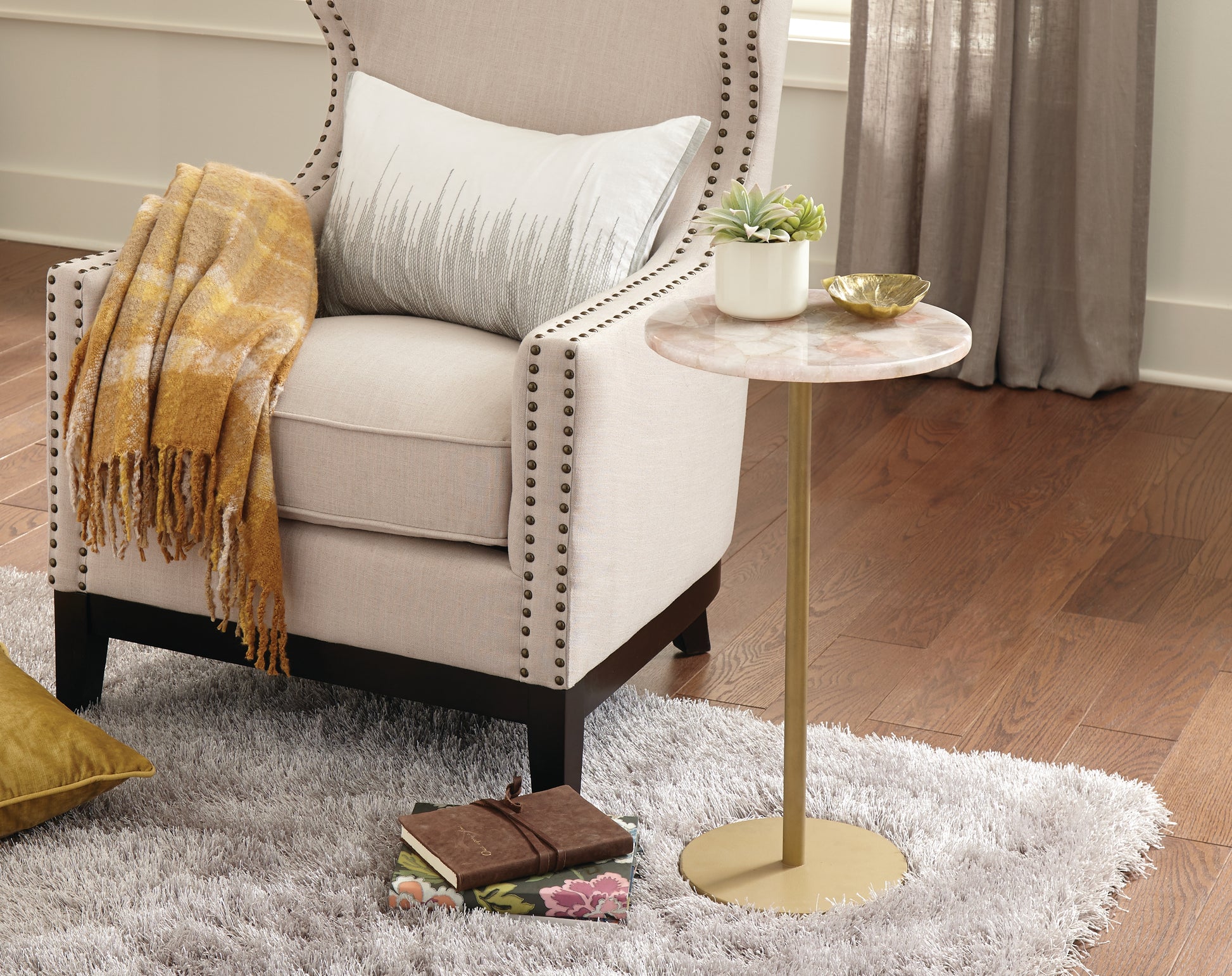 Rosie Rose Quartz Top Chairside Table Beige Beige Iron