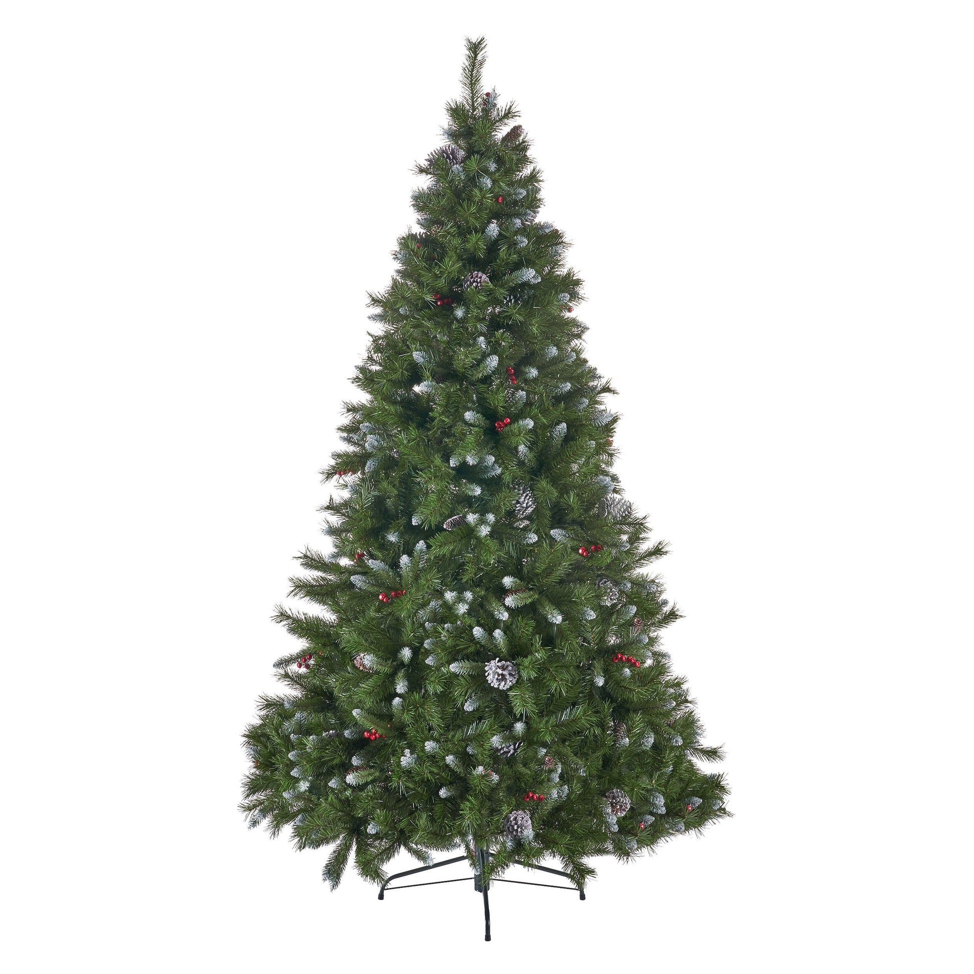 7' Mixed Frosted Hinged Tree With 52 Frosted Pine Cones And 26 Red Berry And Dia:53",1219 Tips Green Pvc