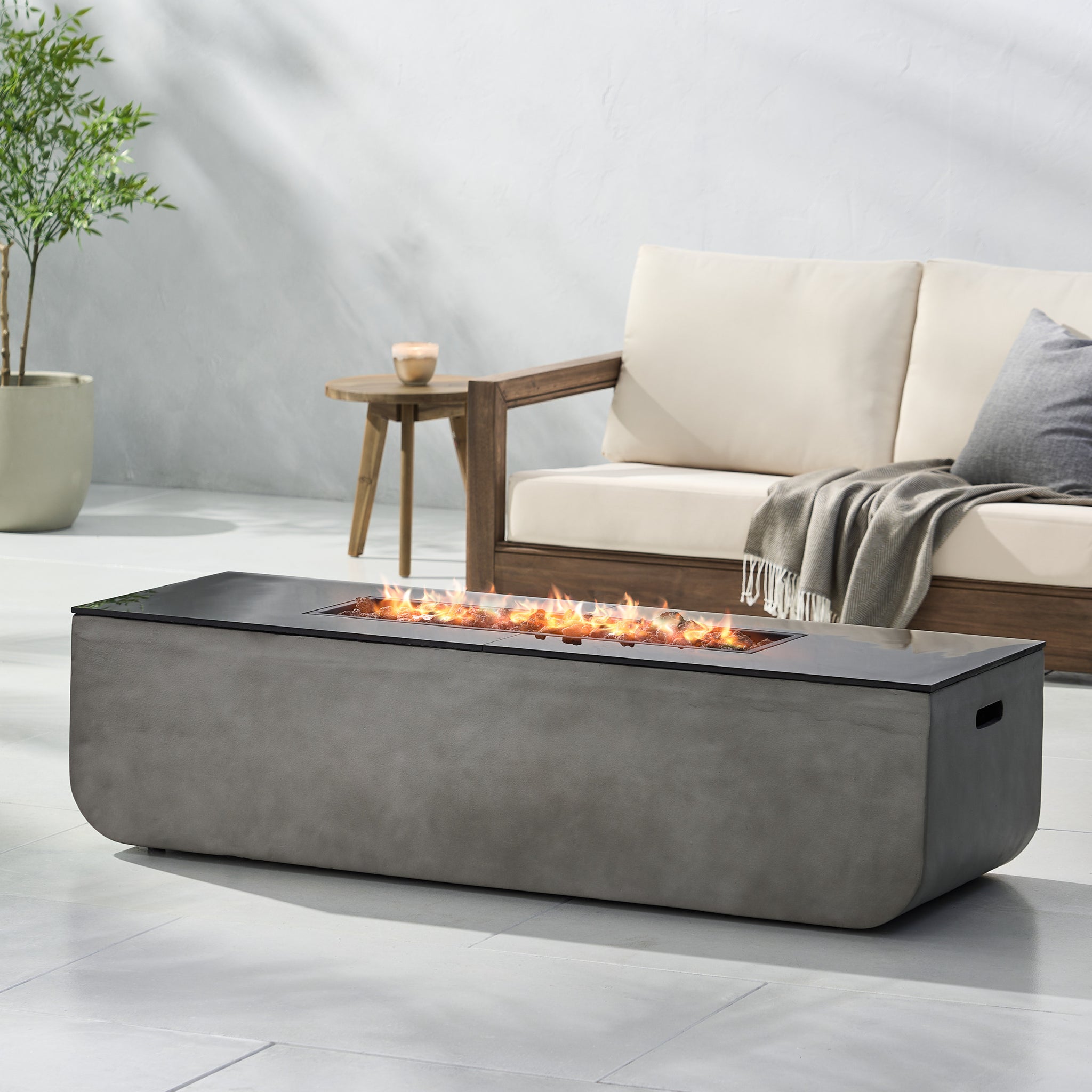 56" Outdoor Patio Concrete Fire Table, Rectangle Gas Burning Fire Pit 50, 000 Btu, Light Grey Black Top Tank Cover Not Included Black Gray Magnesium Oxide