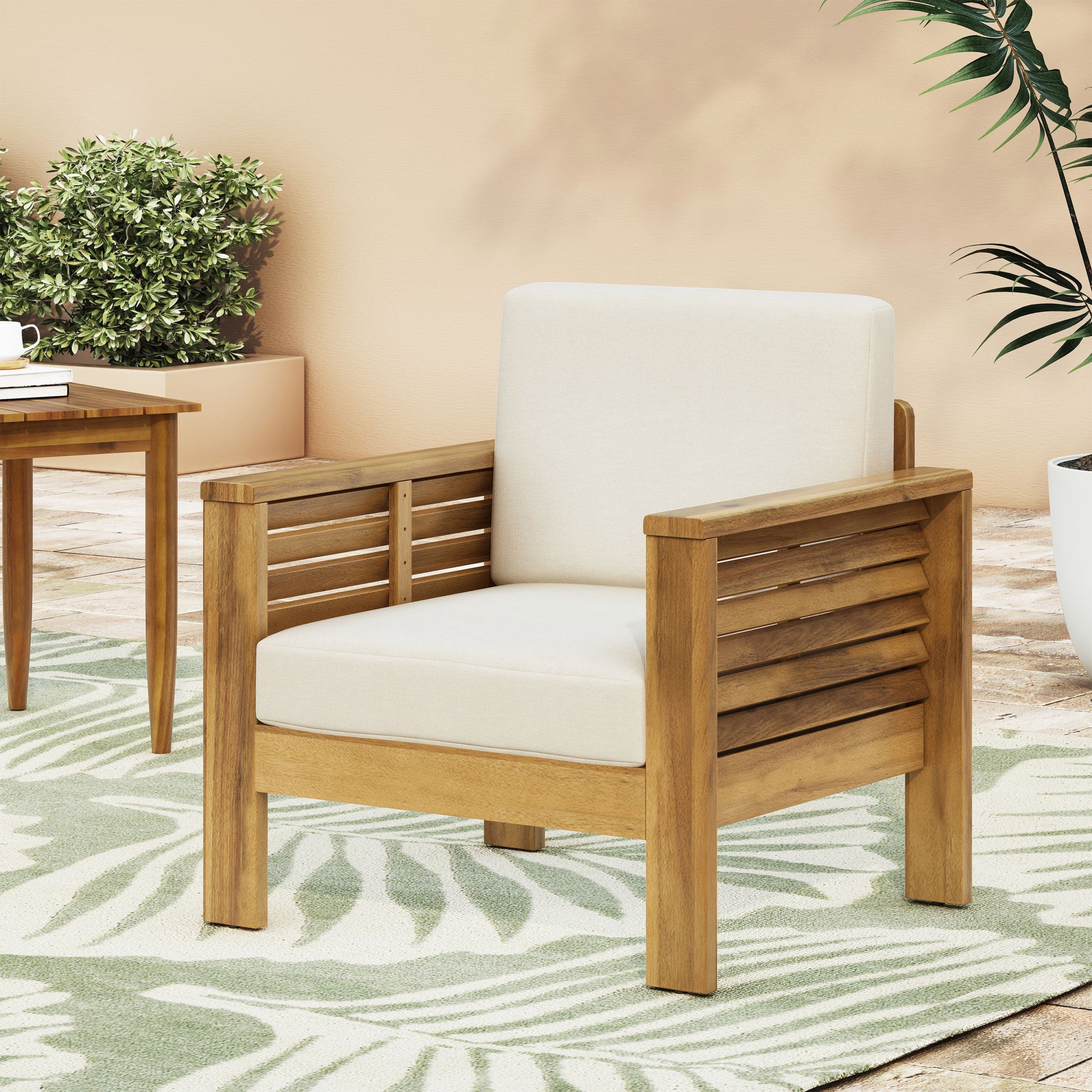 Outdoor Acacia Wood Club Chairs With Cushions, Teak Beige, 27.75"D X 32"W X 27.75"H Yes Brown Beige Foam Acacia Wood