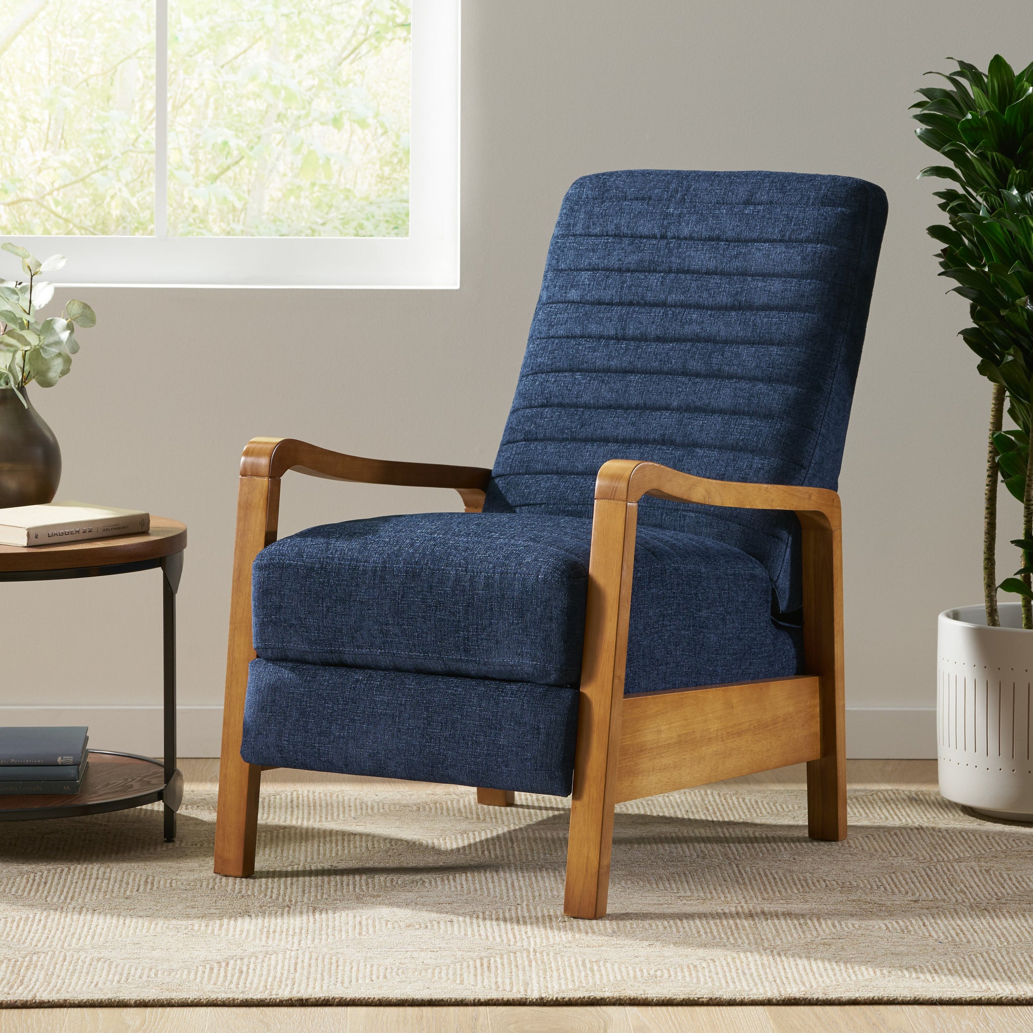 Fabric Wood Hand Manual Club Recliner Navy Blue Fabric