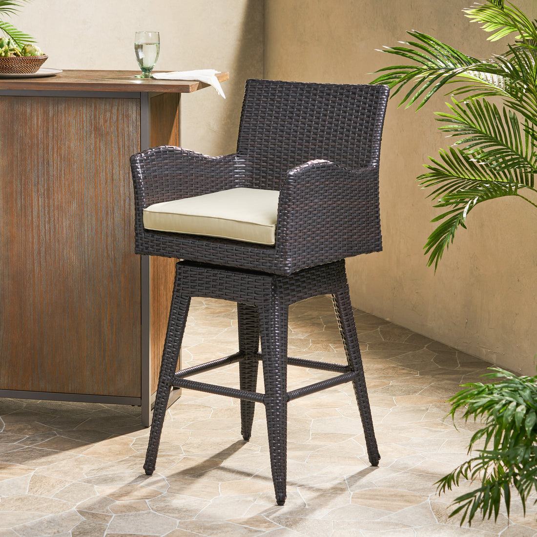 Modern Outdoor Multi Brown Wicker Swivel Barstool With Tapered Legs, 1 Piece Yes Brown Multi Weather Resistant Frame Garden & Outdoor Pe Rattan Iron Waterproof Fabric