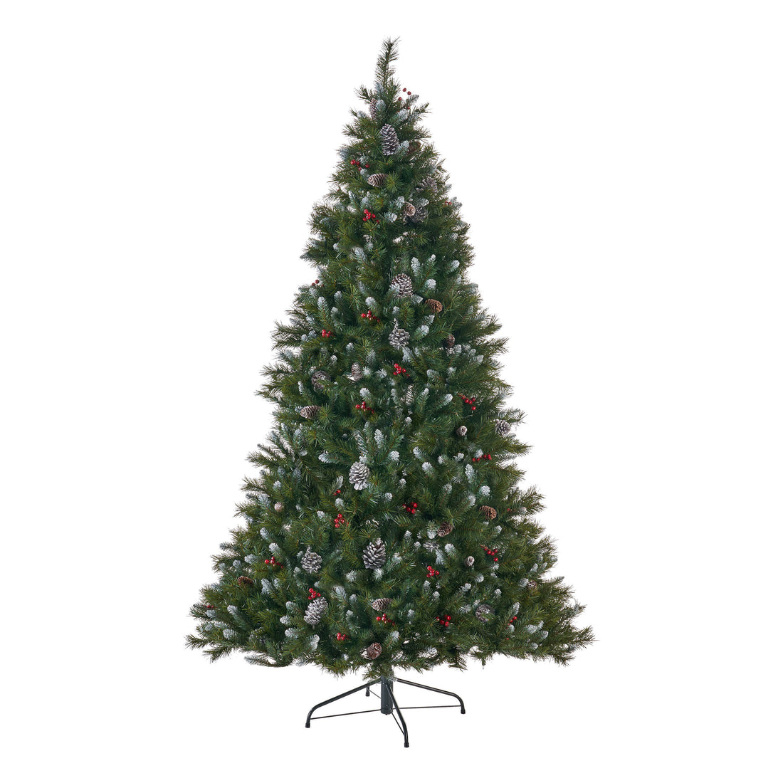 7' Mixed Frosted Hinged Tree With 52 Frosted Pine Cones And 26 Red Berry And 450 Clear Lights Ul,Dia:53",1219 Tips Green Pvc