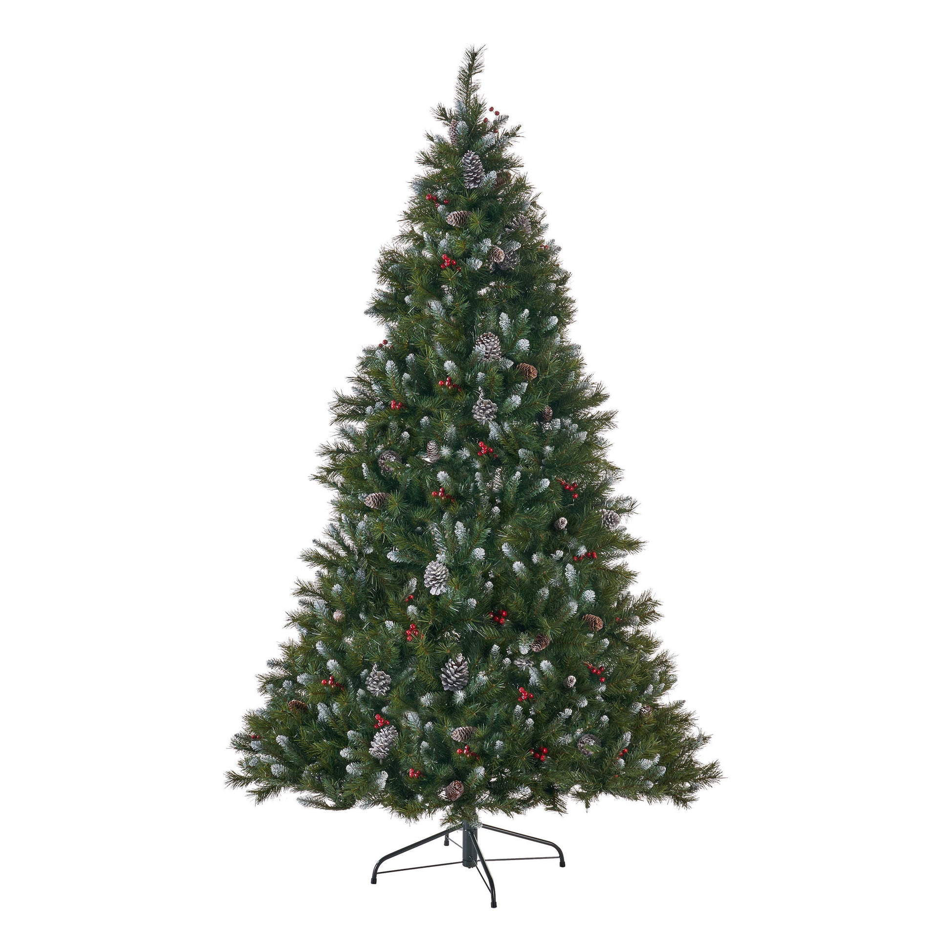 7' Mixed Frosted Hinged Tree With 52 Frosted Pine Cones And 26 Red Berry And 450 Clear Lights Ul,Dia:53",1219 Tips Green Pvc