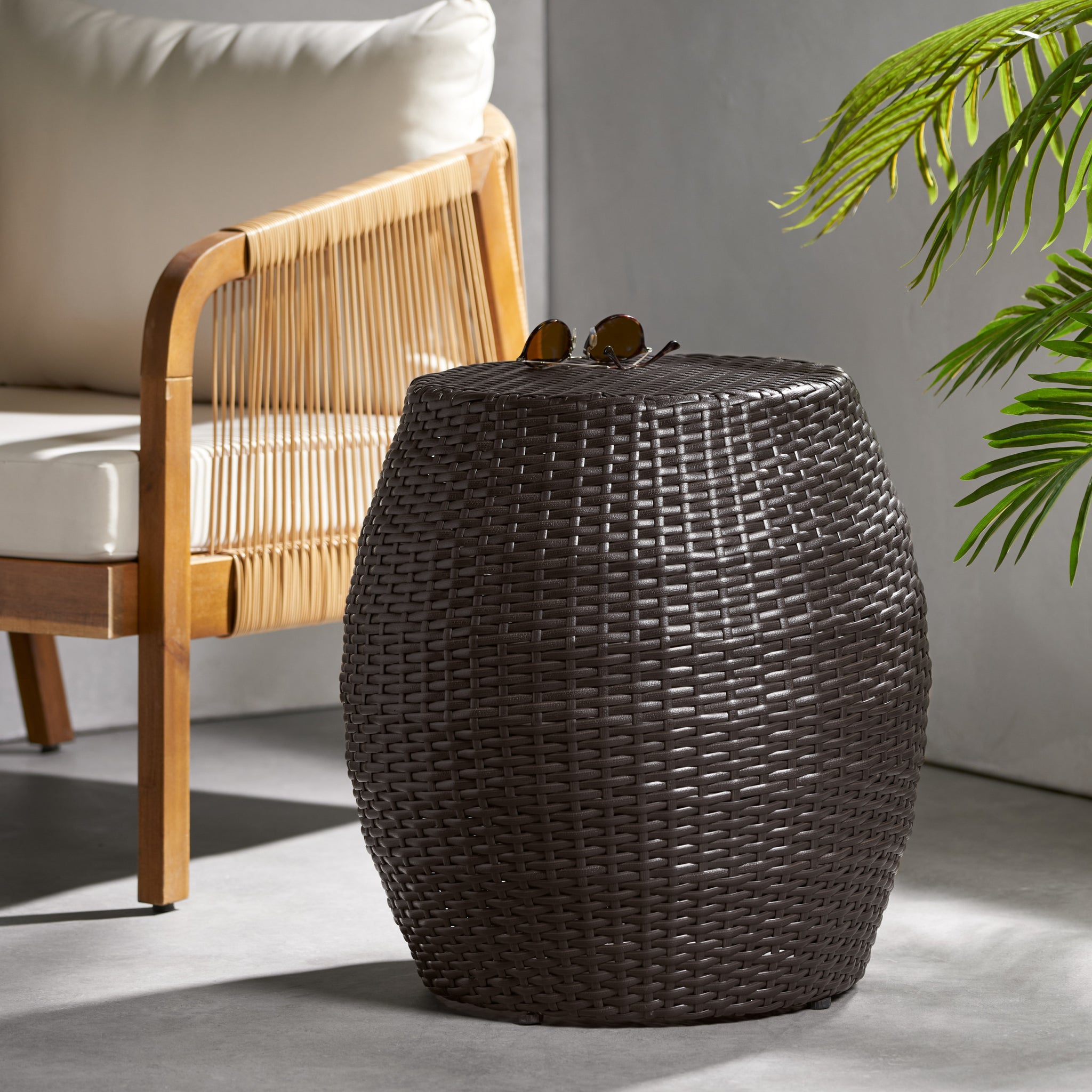 Outdoor Wicker 14.00" Patio Side Table Brown Multi Rattan