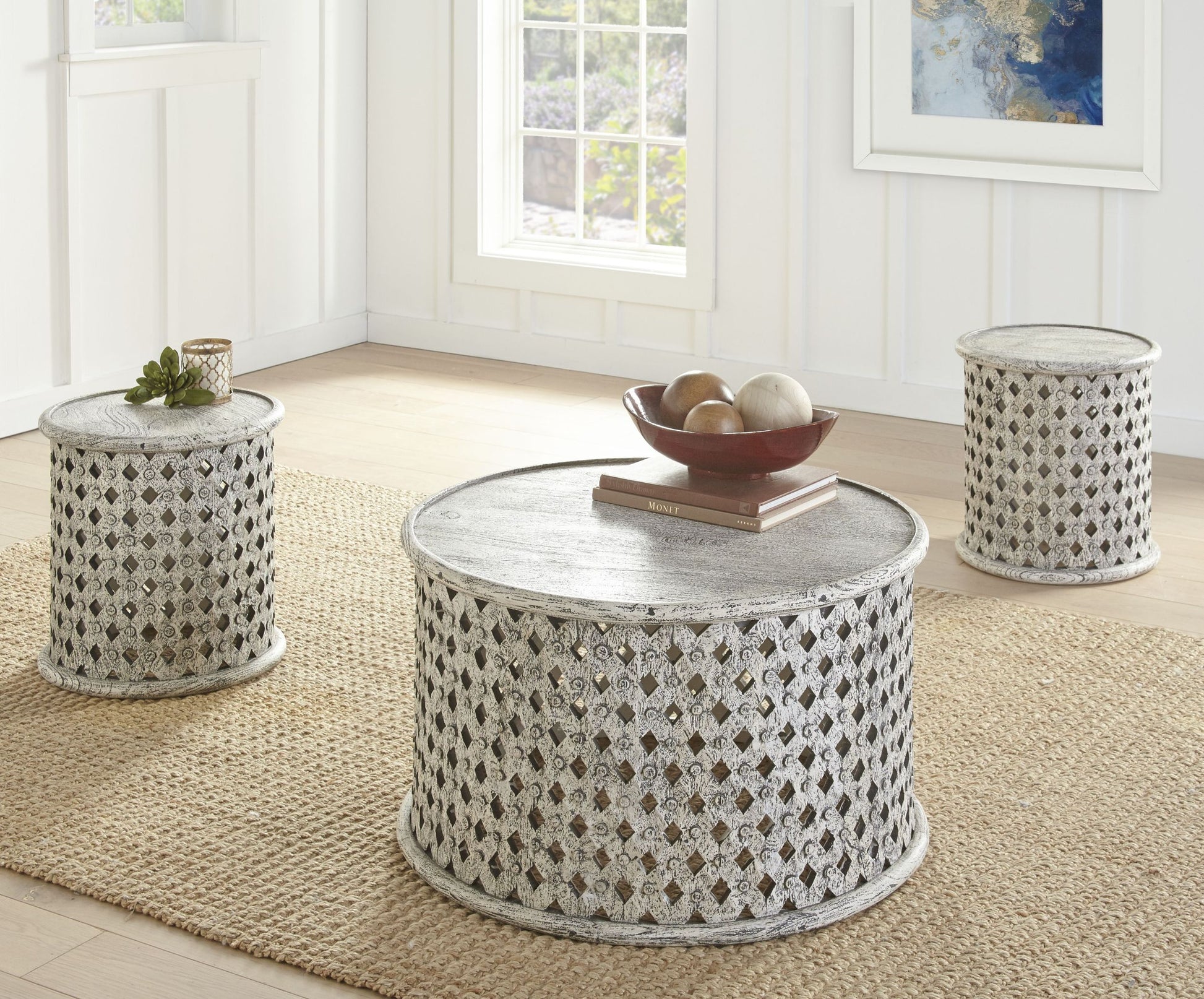 Samir Round Tribal Carved Wood End Table White White Wood