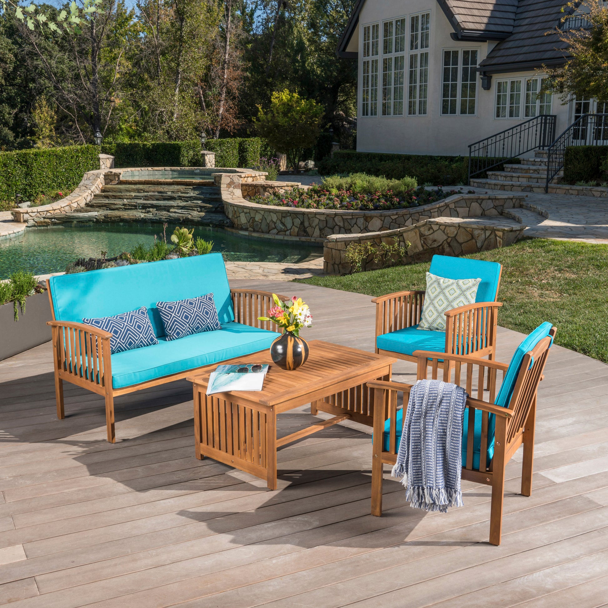 Outdoor Acacia Wood Sofa Set With Water Resistant Cushions, 4 Pcs Set, Brown Patina Teal Brown Teal Acacia Wood