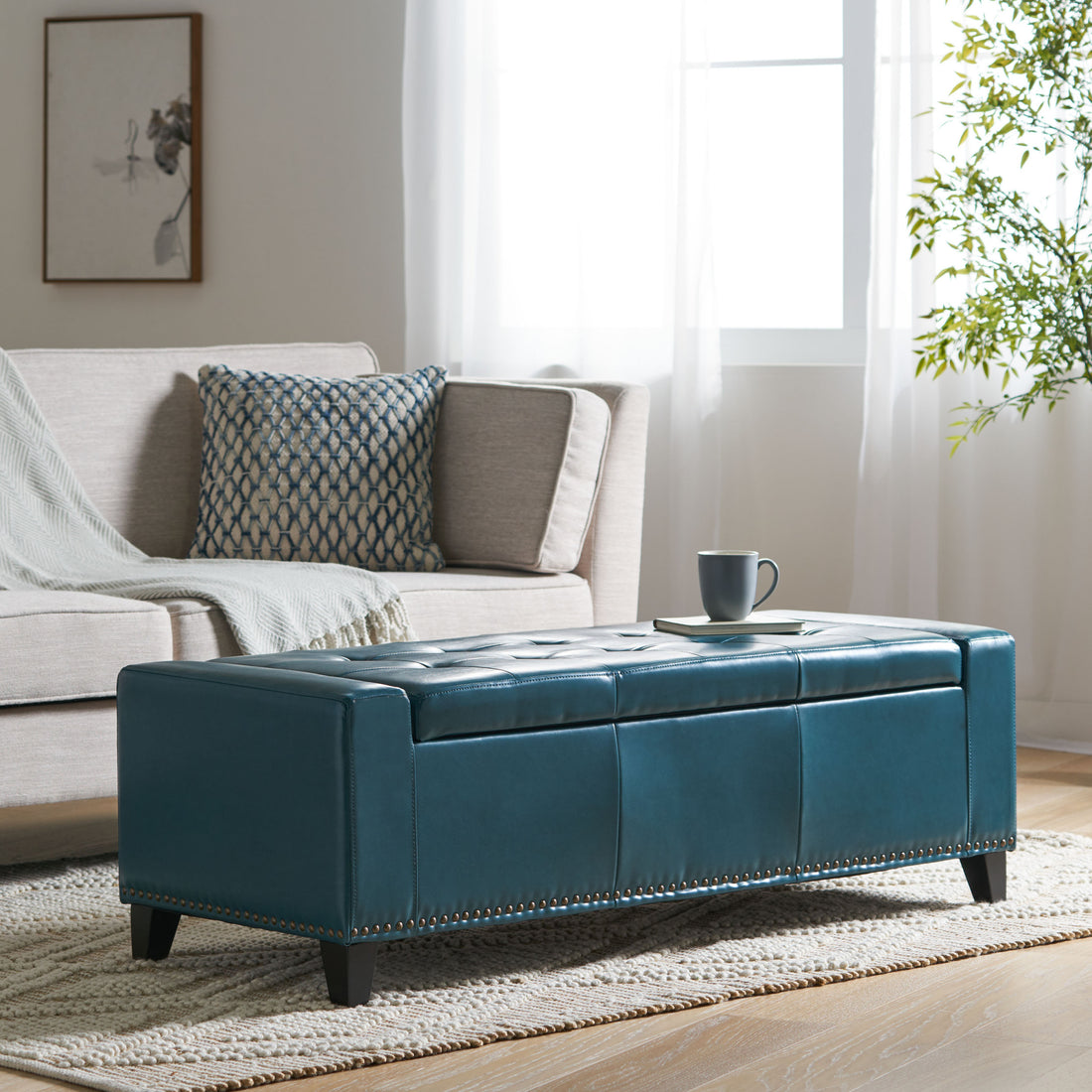 Chelsea Storage Ottoman W Studs Teal Pu