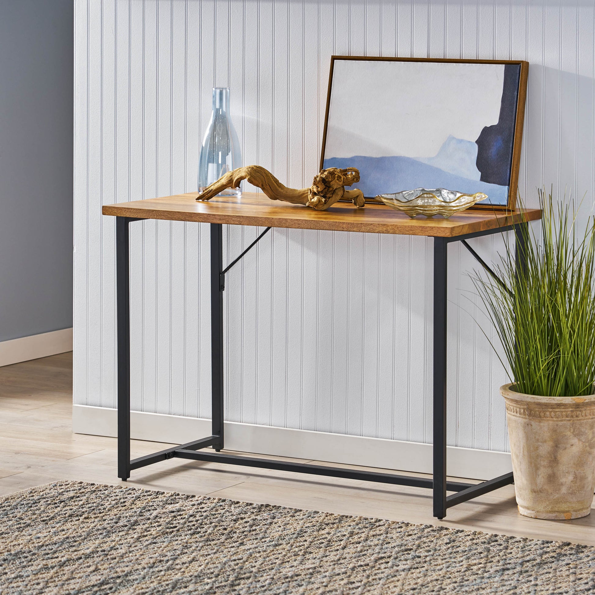 Console Table Brown Wood Stainless Steel