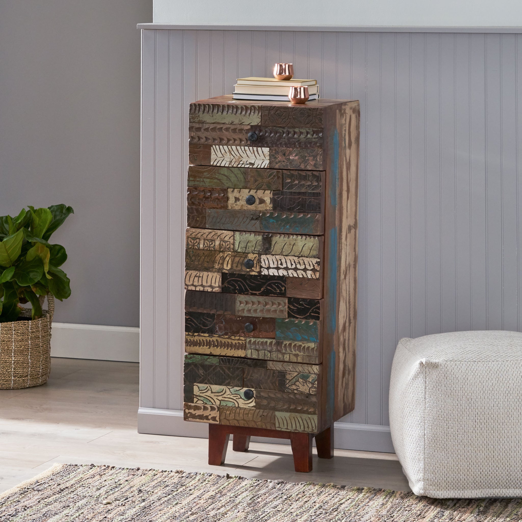 Wooden 4 Drawer With 1 Door Cabinet Natural Wood