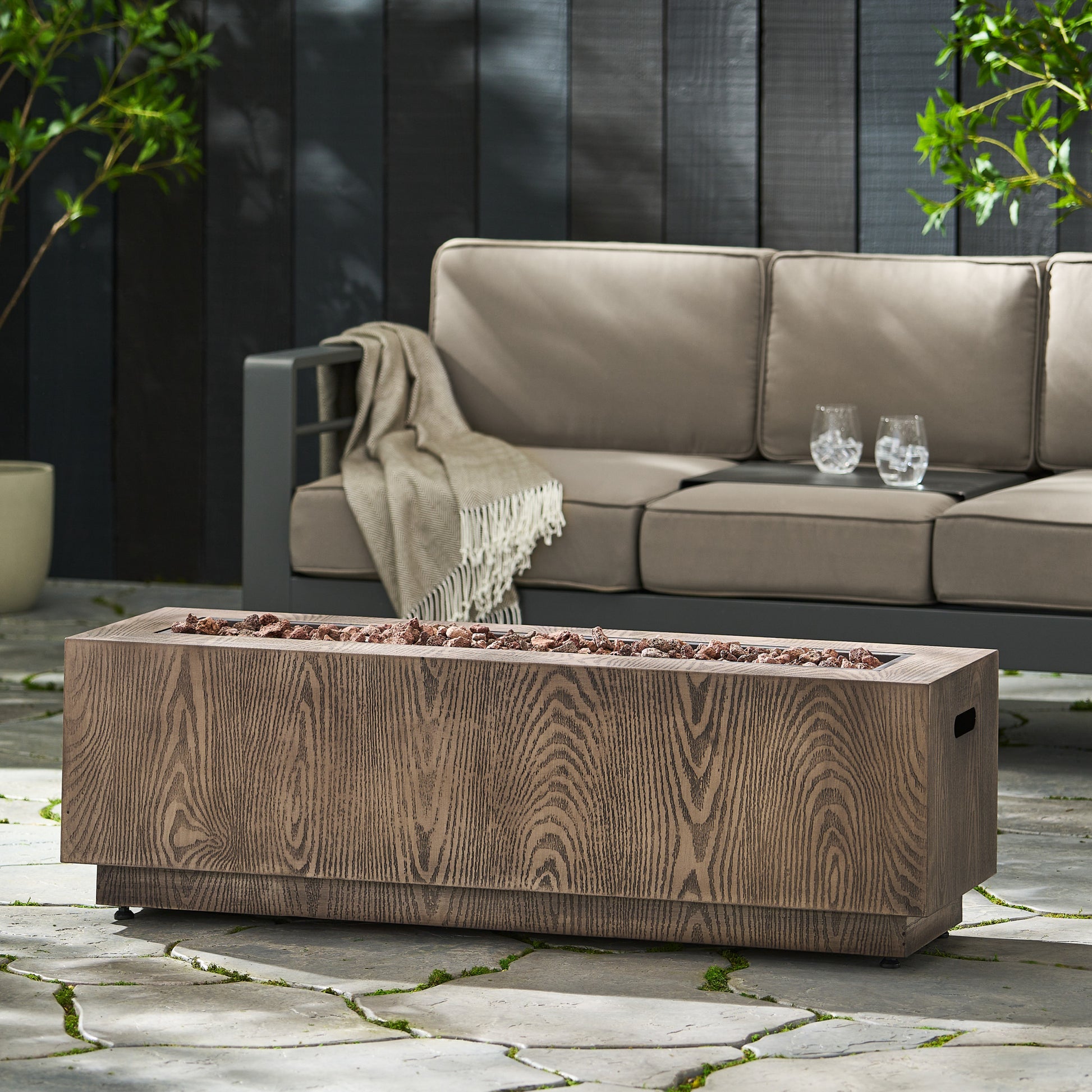 48" Outdoor 50,000 Btu Rectangular Iron Propane Fire Pit, Brown Wood Pattern Tank Cover Not Included Wood Iron