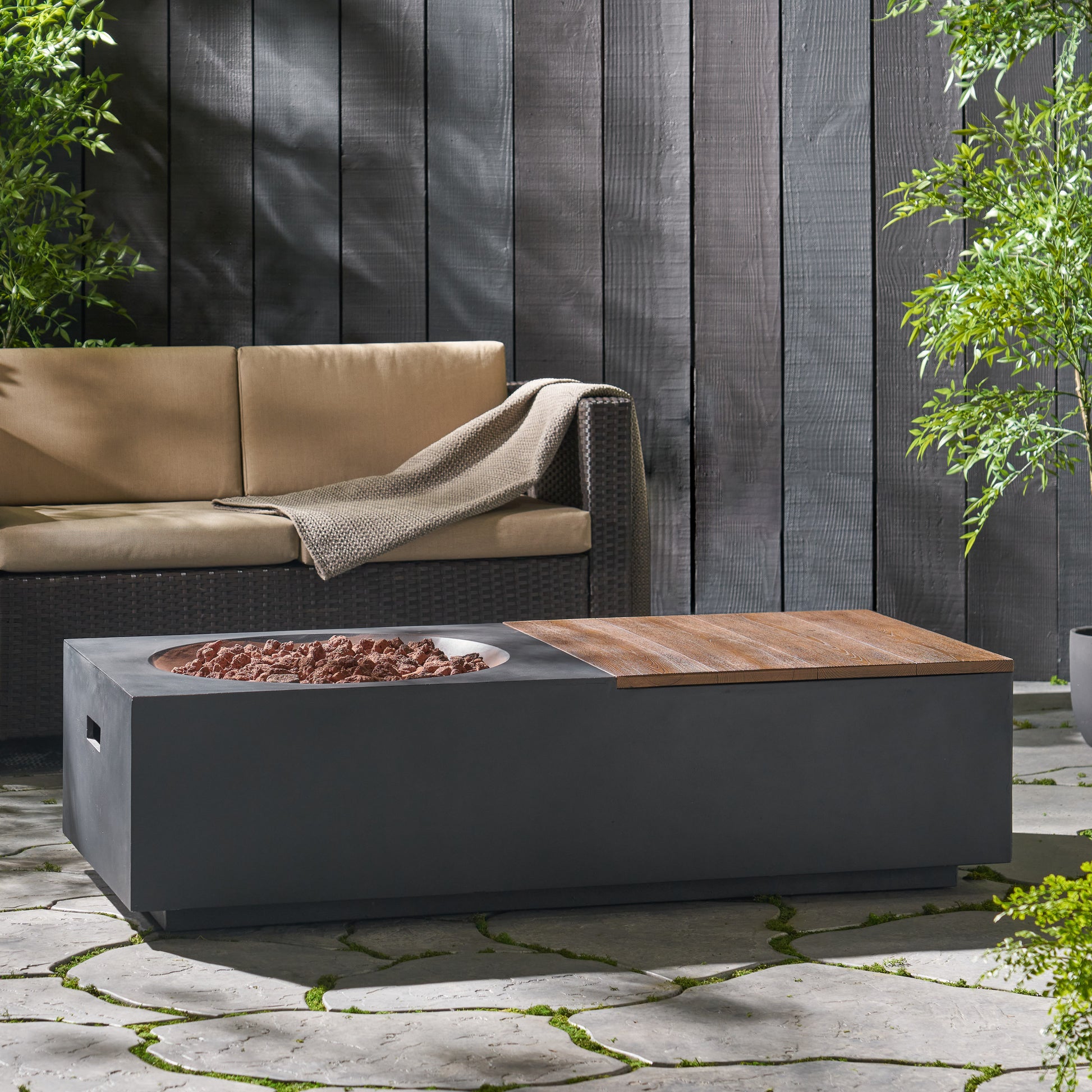 Outdoor 50,000 Btu Lightweight Concrete Rectangular Fire Pit Table With Storage, Dark Gray And Natural Brown Tank Cover Not Included Dark Gray,Natural Wood Garden & Outdoor Magnesium Oxide