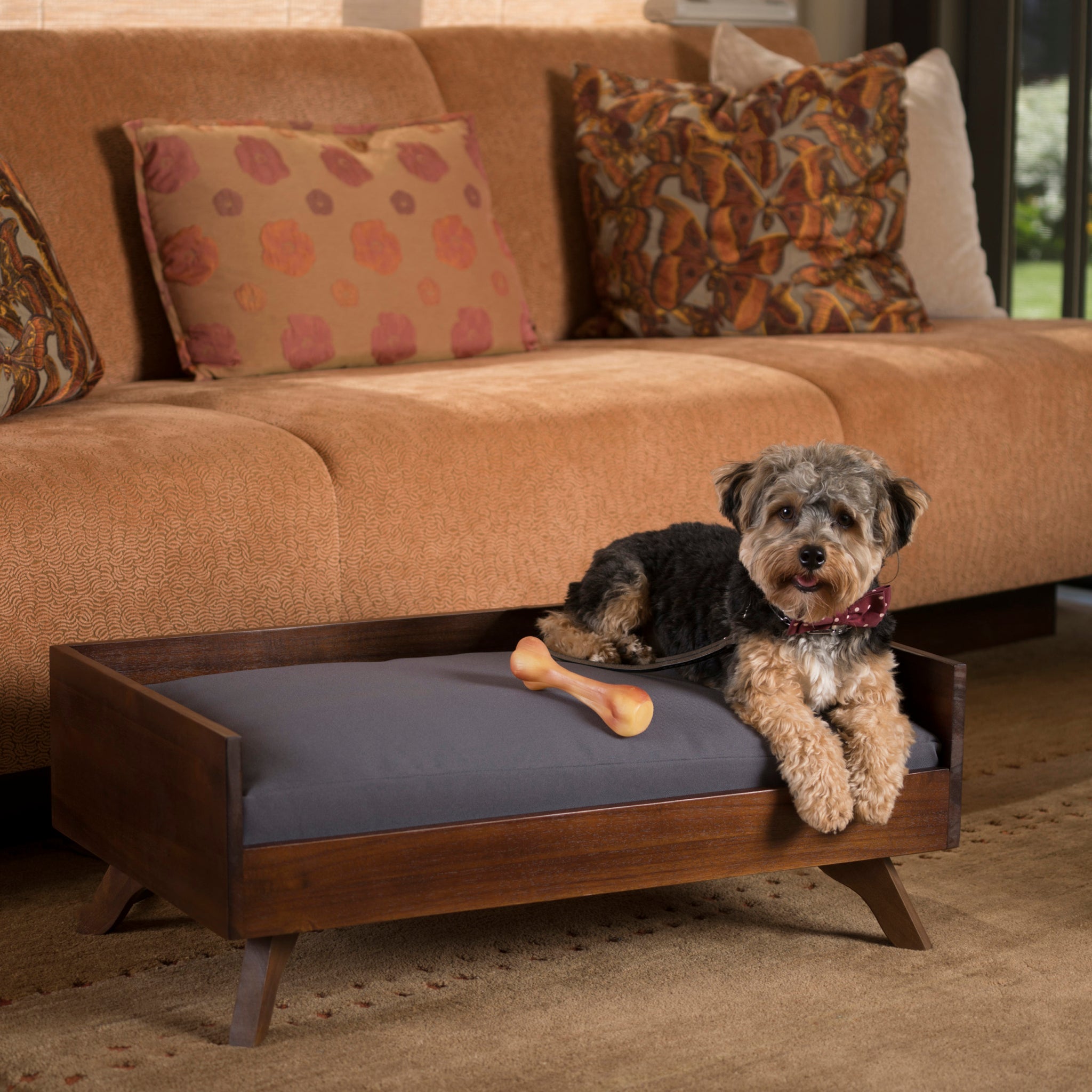 Solid Wood Dog Bed Grey Brown Wood Fabric