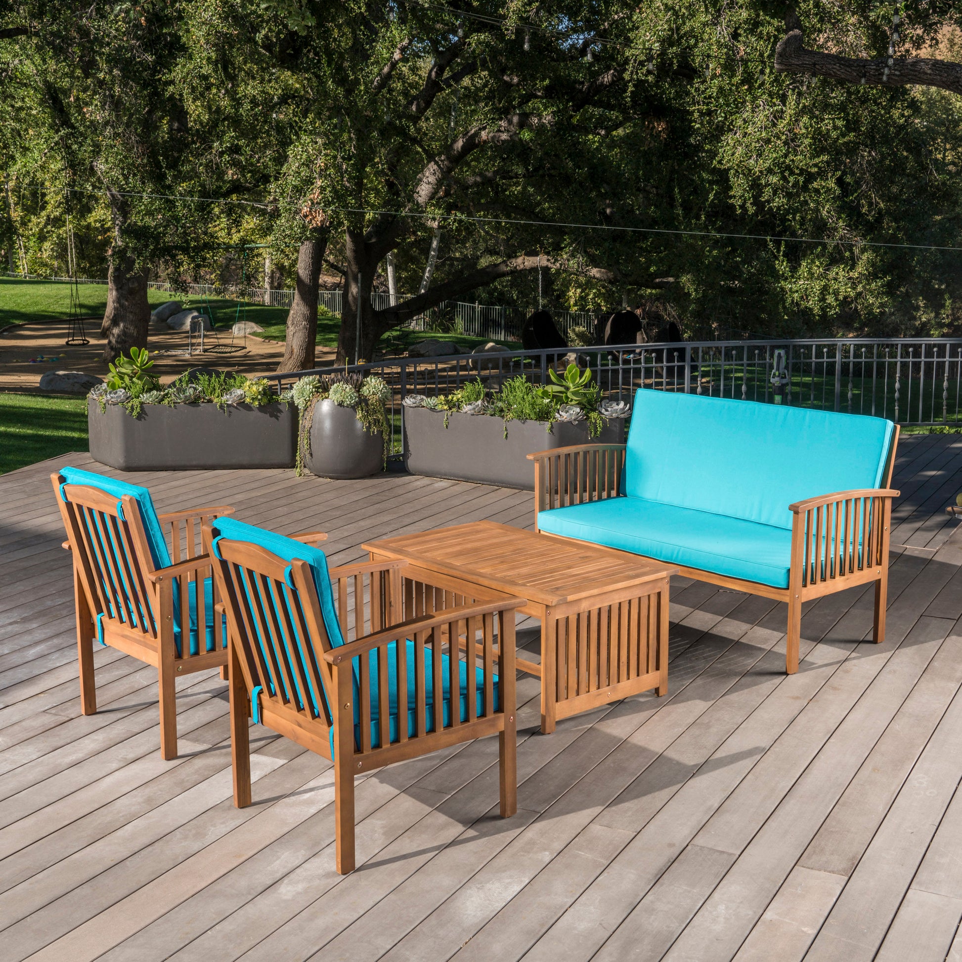 Outdoor Acacia Wood Sofa Set With Water Resistant Cushions, 4 Pcs Set, Brown Patina Teal Brown Teal Acacia Wood