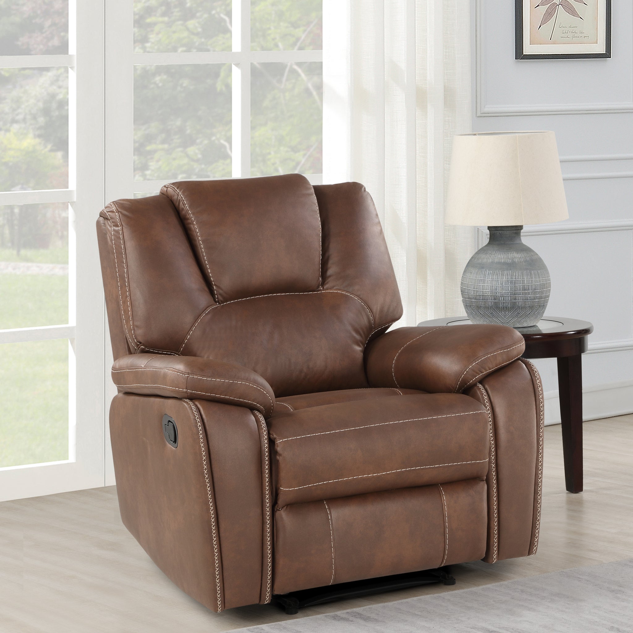 Katrine Pu Manual Motion Recliner Chestnut Brown Dark Brown Faux Leather