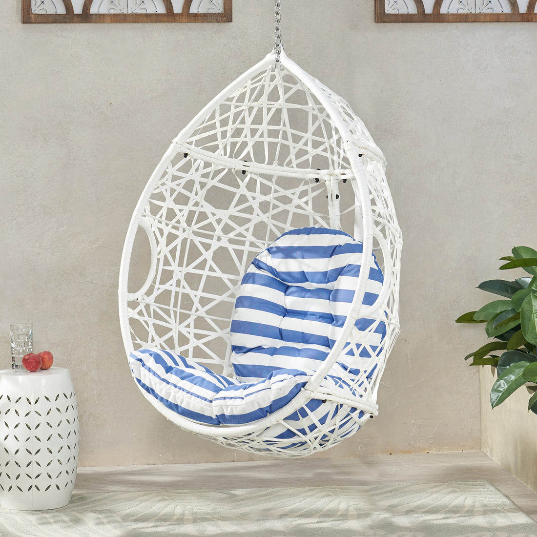 Marlin Hanging Egg Chair Basket White Blue Pe Rattan Iron Waterproof Fabric