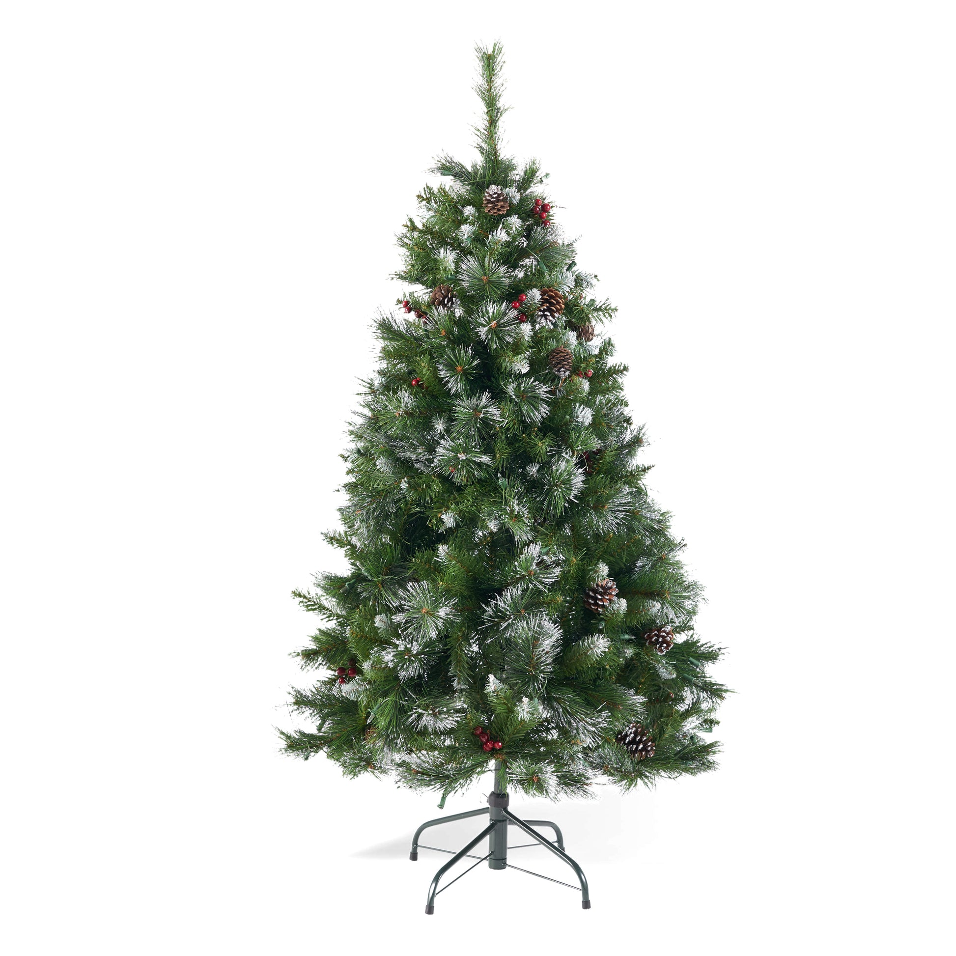 4.5 'Glitter Bristle Mixed Hinged Tree With Red Berry And Pine Cones And 200 Cl,407 Tips Green Pvc