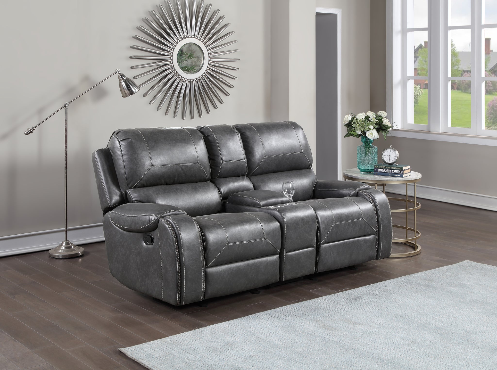 Keily Manual Reclining Glider Loveseat Gray Dark Gray Faux Leather 2 Seat