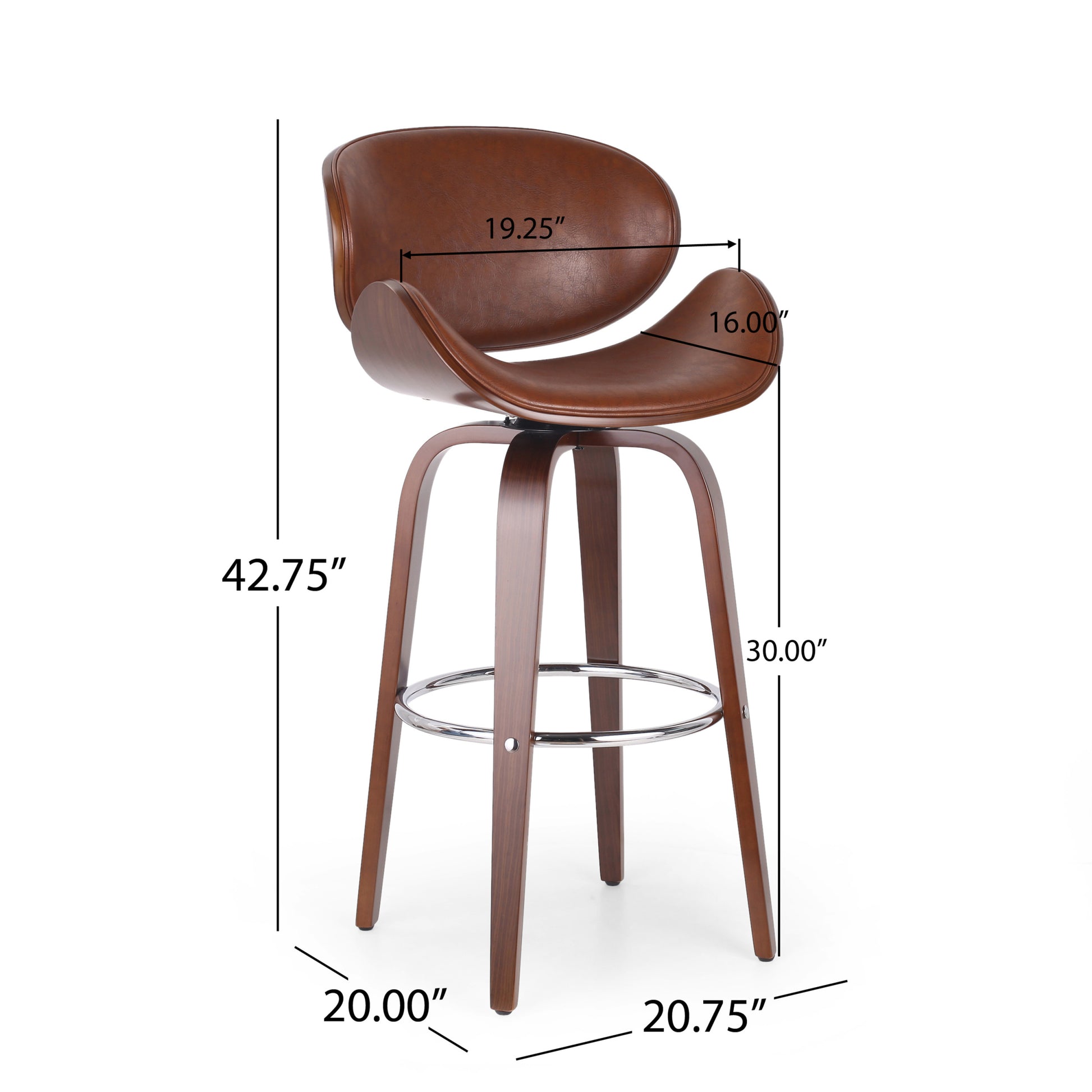 30" Mid Century Modern Upholstered Swivel Barstool, Walnut Cognac Brown Pu