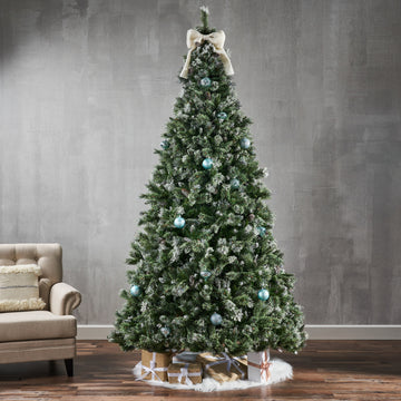 9' Brilste Mixed Hinged Tree With Snow And Glitter And 114 Frosted Pine Cones And Dia:61 Green Pvc