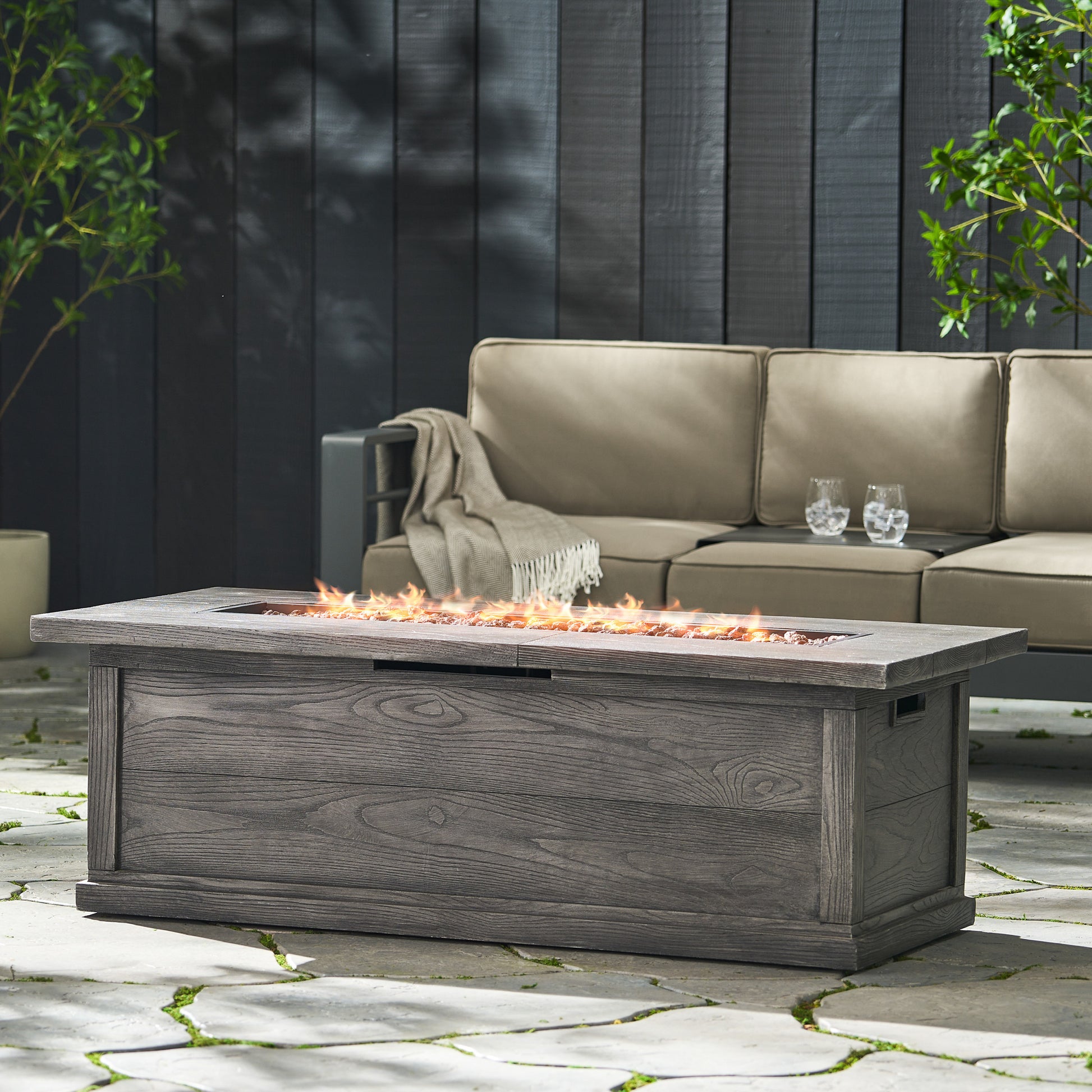 56" Outdoor 50,000 Btu Rectangular Mgo Concrete Propane Fire Pit, Grey Wood Pattern Tank Cover Not Included Gray Magnesium Oxide